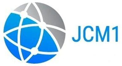 A blue and white logo of jcb